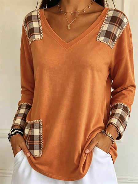 Women Plain Long Sleeve Tee T-shirt V Neck Casual Spring/Fall Top