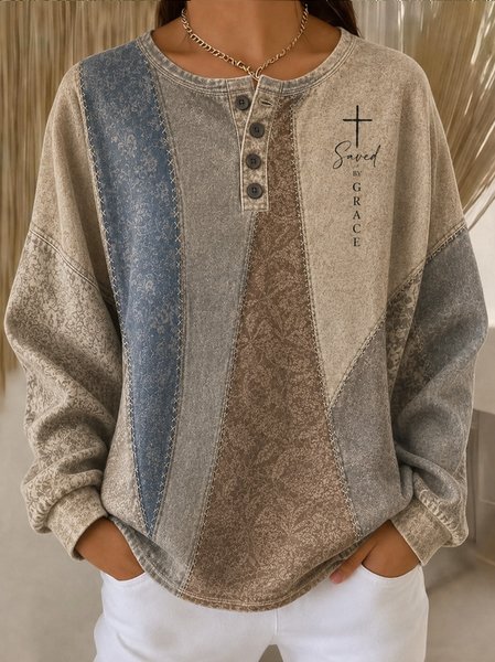 Women Geometric Henley Collar Casual Spring/Fall Long Sleeve Sweatshirt