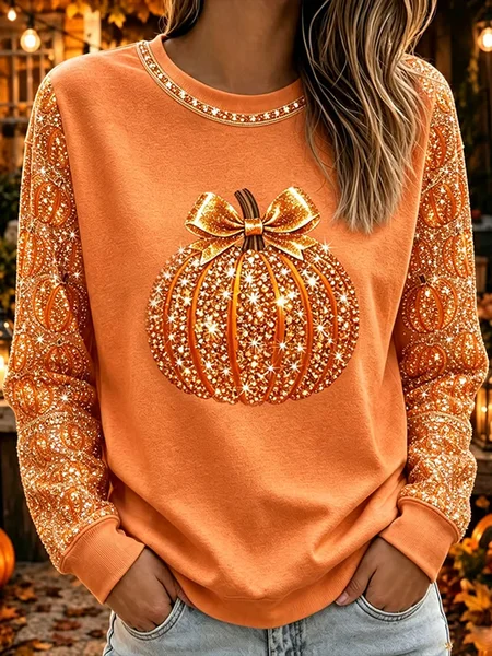 Women Halloween (pumpkin) Crew Neck Printing Casual Spring/Fall Long Sleeve Sweatshirt