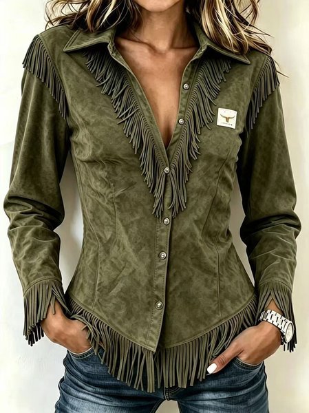 Women Plain Shawl Collar Long Sleeve Shirt Vintage Holiday Spring/Fall Top