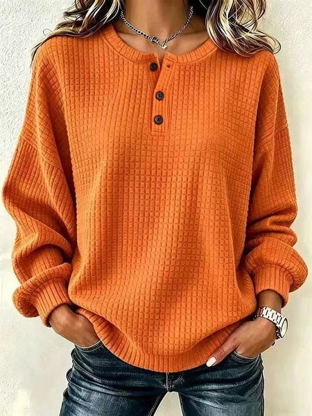 Women Plain Half Open Collar Casual Spring/Fall Long Sleeve Sweatshirt