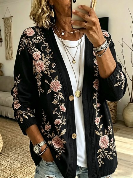 Women Floral Long Sleeve Vintage Spring/Fall Jacket Outerwear