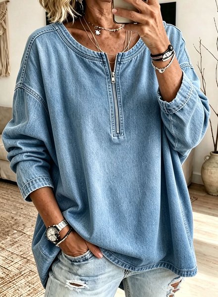 Women Plain Half Open Collar Half-Zip Vintage Spring/Fall Long Sleeve Sweatshirt