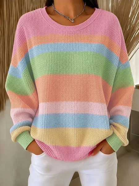 Women Striped Crew Neck Printing Casual Spring/Fall Long Sleeve Sweatshirt
