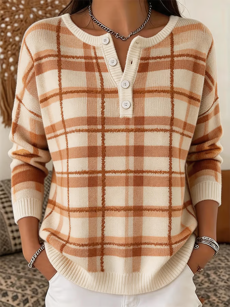 Women Plaid Henley Collar Printing Vintage Spring/Fall Long Sleeve Sweatshirt