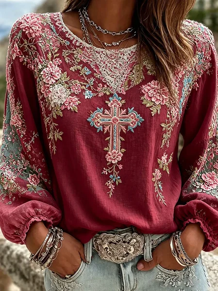 Women Floral Crew Neck Long Sleeve Blouse Printing Casual Daily Spring/Fall Top