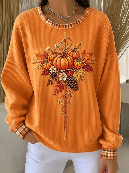 Women Plaid Crew Neck Printing Casual Spring/Fall Long Sleeve Sweatshirt