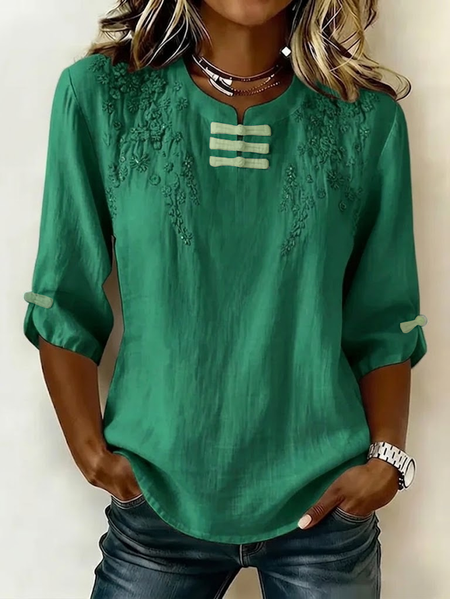 Women Floral Mandarin Collar Half Sleeve Blouse Printing Vintage Daily Summer Top