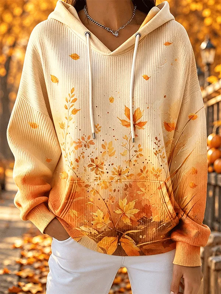 Women Maple Leaf Printing Long Sleeve Casual Daily Spring/Fall Hoodie