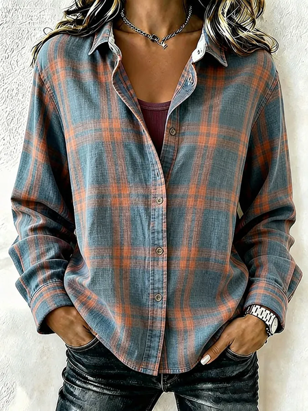 Women Plaid Shirt Collar Long Sleeve Shirt Buckle Regular Sleeve Casual Daily Spring/Fall Top