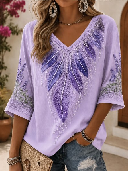 Women Floral Half Sleeve Tee T-shirt V Neck Casual Summer Top