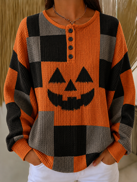 Women Halloween (pumpkin) Henley Collar Casual Spring/Fall Long Sleeve Sweatshirt