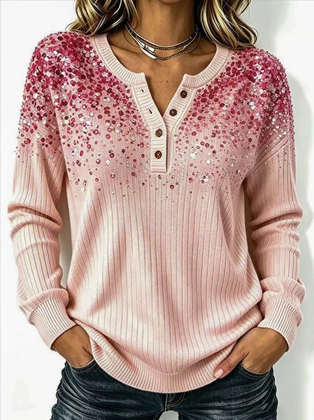 Women Ombre Long Sleeve Tee T-shirt Henley Collar Casual Spring/Fall Top