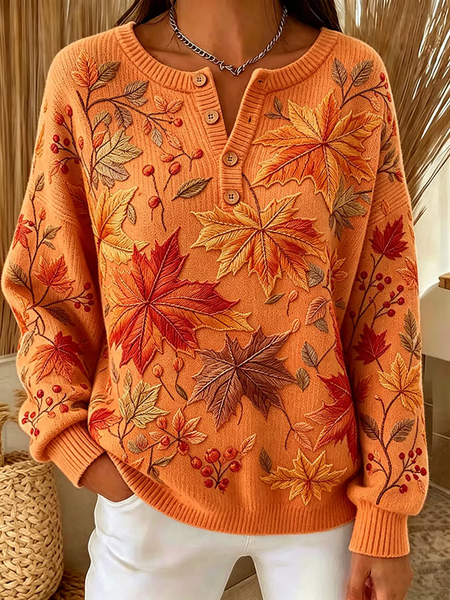 Women Maple Leaf Henley Collar Printing Vintage Spring/Fall Long Sleeve Sweatshirt