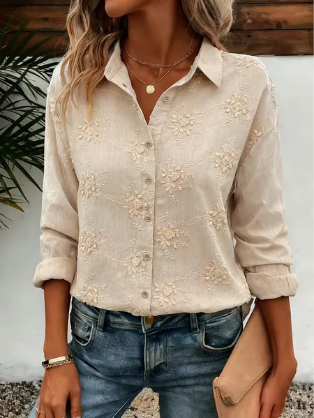 Women Floral Shirt Collar Long Sleeve Shirt Buckle Regular Sleeve Casual Daily Spring/Fall Top