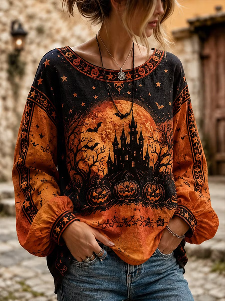 Women Halloween Crew Neck Long Sleeve Blouse Printing Casual Daily Spring/Fall Top