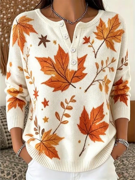 Women Maple Leaf Henley Collar Printing Vintage Spring/Fall Long Sleeve Sweatshirt