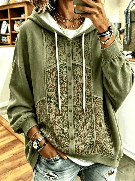 Vintage Patchwork Hoodie with Printed Decorative Buttons (No Functional Buttons)