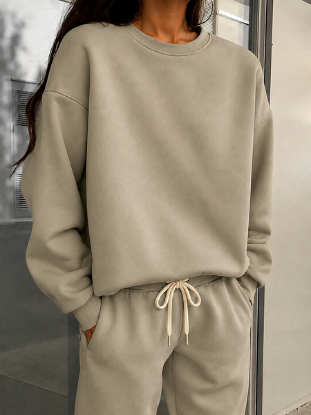 Women Plain Two-Piece Set Daily Long Sleeve Casual Spring/Fall Top With Pants Matching Set