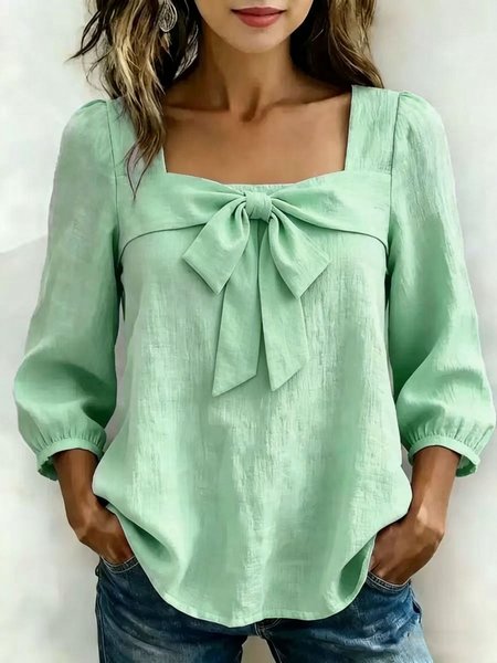 Women Plain Square Neck Long Sleeve Blouse Casual Daily Spring/Fall Top
