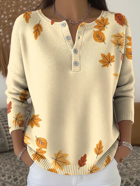 Women Maple Leaf Henley Collar Printing Vintage Spring/Fall Long Sleeve Sweatshirt