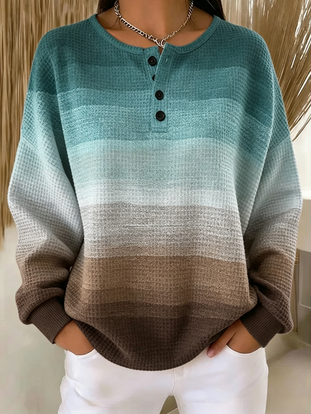 Women Ombre Henley Collar Casual Spring/Fall Long Sleeve Sweatshirt