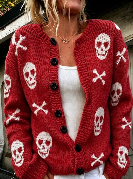 Women Skull Long Sleeve Crew Neck Vintage Spring/Fall Cardigan Outerwear