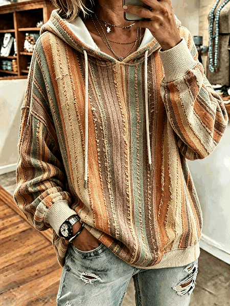 Women Striped Long Sleeve Vintage Daily Spring/Fall Hoodie