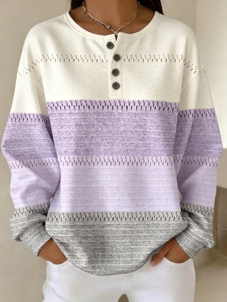 Women Geometric Henley Collar Casual Spring/Fall Long Sleeve Sweatshirt