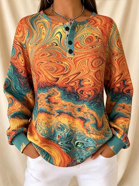 Women Abstract Henley Collar Casual Spring/Fall Long Sleeve Sweatshirt
