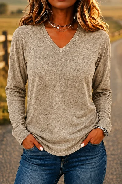 Women Plain Long Sleeve Tee T-shirt V Neck Casual Spring/Fall Top