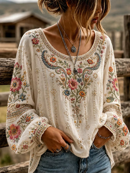 Women Floral Crew Neck Long Sleeve Blouse Printing Vintage Daily Spring/Fall Top