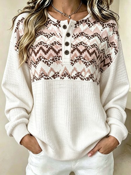 Women Geometric Henley Collar Casual Spring/Fall Long Sleeve Sweatshirt