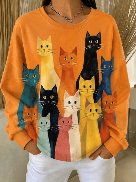 Women Cat Crew Neck Casual Spring/Fall Long Sleeve Sweatshirt