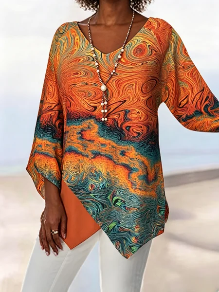 Women Abstract V Neck Long Sleeve Blouse Vintage Daily Spring/Fall Top