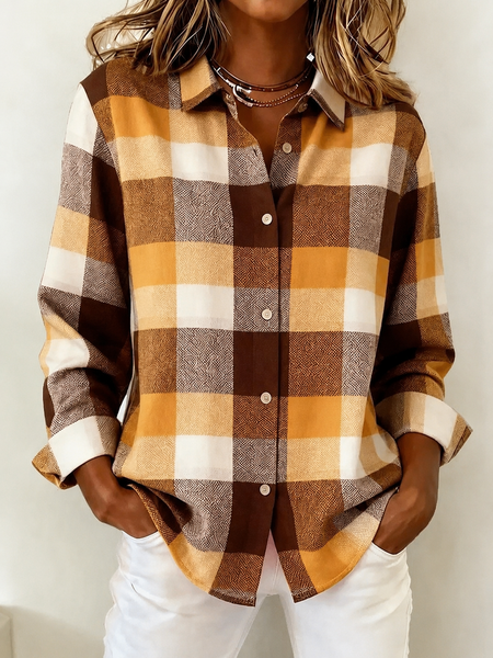 Women Plaid Shirt Collar Long Sleeve Shirt Printing Vintage Daily Spring/Fall Top