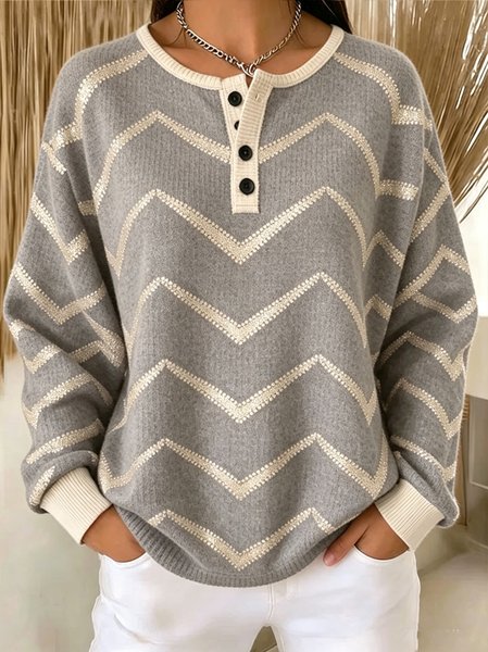 Women Chevron Henley Collar Casual Spring/Fall Long Sleeve Sweatshirt