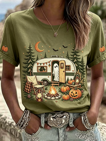 Women Halloween (pumpkin) Short Sleeve Tee T-shirt Crew Neck Printing Casual Graphic Tee Summer Top