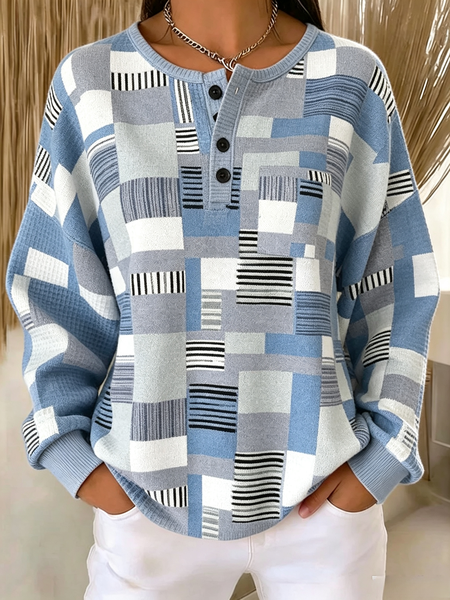 Women Geometric Henley Collar Casual Spring/Fall Long Sleeve Sweatshirt