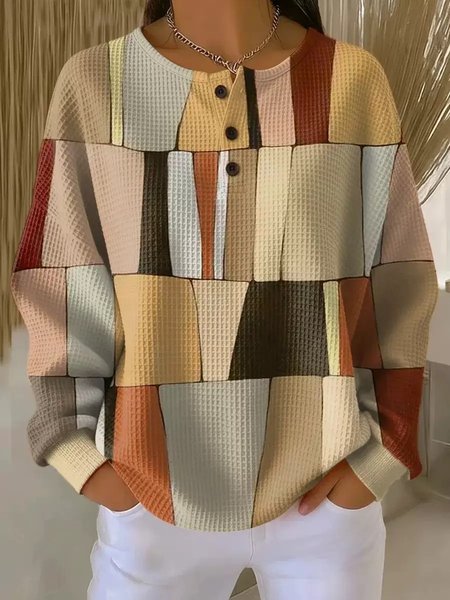 Women Color Block Henley Collar Casual Spring/Fall Long Sleeve Sweatshirt