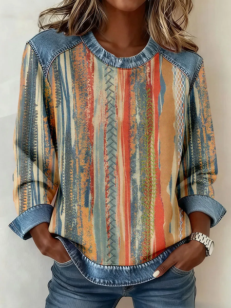 Women Abstract Crew Neck Printing Vintage Spring/Fall Long Sleeve Sweatshirt