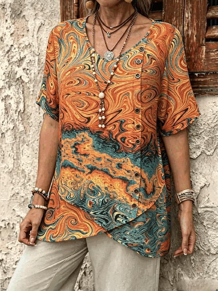 Women Abstract V Neck Short Sleeve Blouse Vintage Daily Summer Top