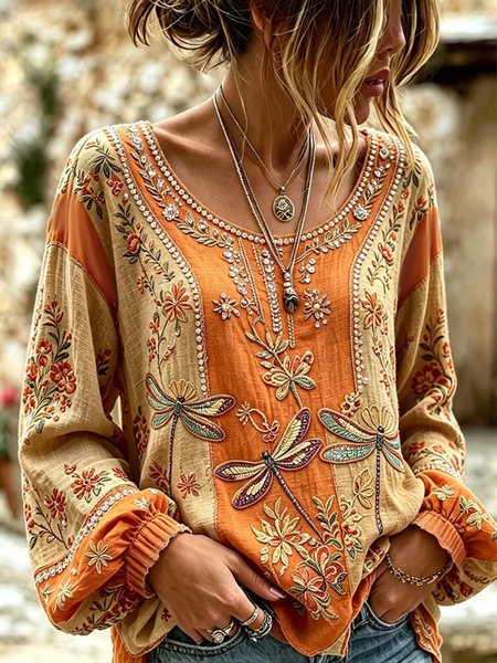 Women Floral Crew Neck Long Sleeve Blouse Printing Casual Daily Spring/Fall Top