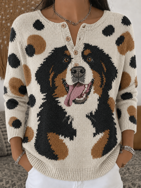 Women Dog Vintage Long Sleeve Half Open Collar Imitation Cashmere Spring/Fall Sweater