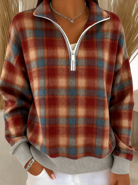Women Plaid Crew Neck Printing Casual Spring/Fall Long Sleeve Sweatshirt