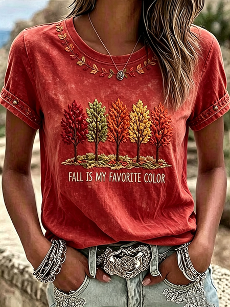 Women Maple Leaf Short Sleeve Tee T-shirt Crew Neck Printing Casual Graphic Tee Summer Top