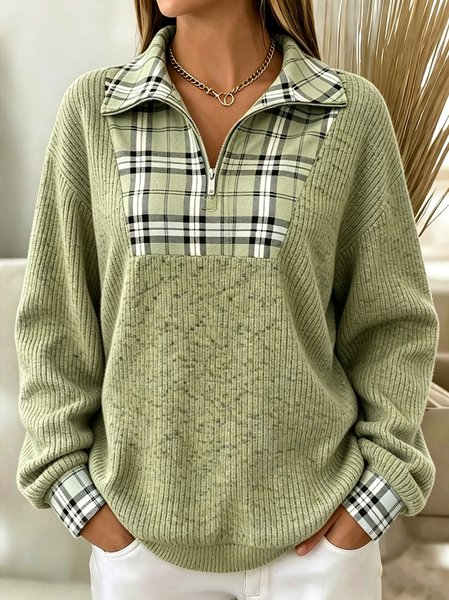 Women Plaid Half Open Collar Vintage Spring/Fall Long Sleeve Sweatshirt