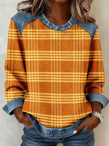 Women Plaid Crew Neck Printing Casual Spring/Fall Long Sleeve Sweatshirt