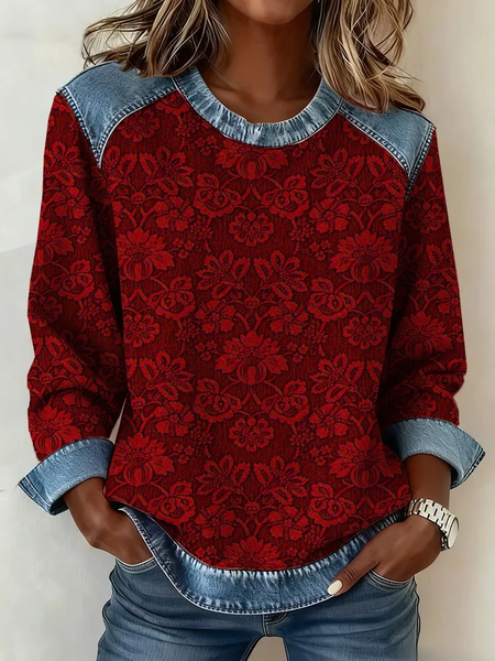 Women Floral Crew Neck Printing Vintage Spring/Fall Long Sleeve Sweatshirt