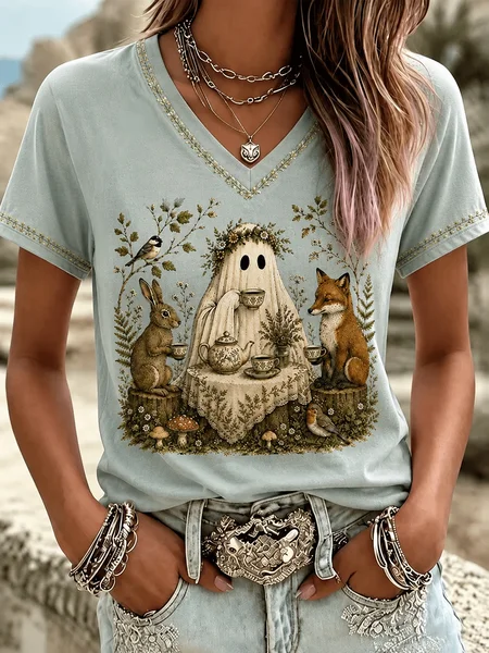 Women Floral Short Sleeve Tee T-shirt V Neck Vintage Summer Top